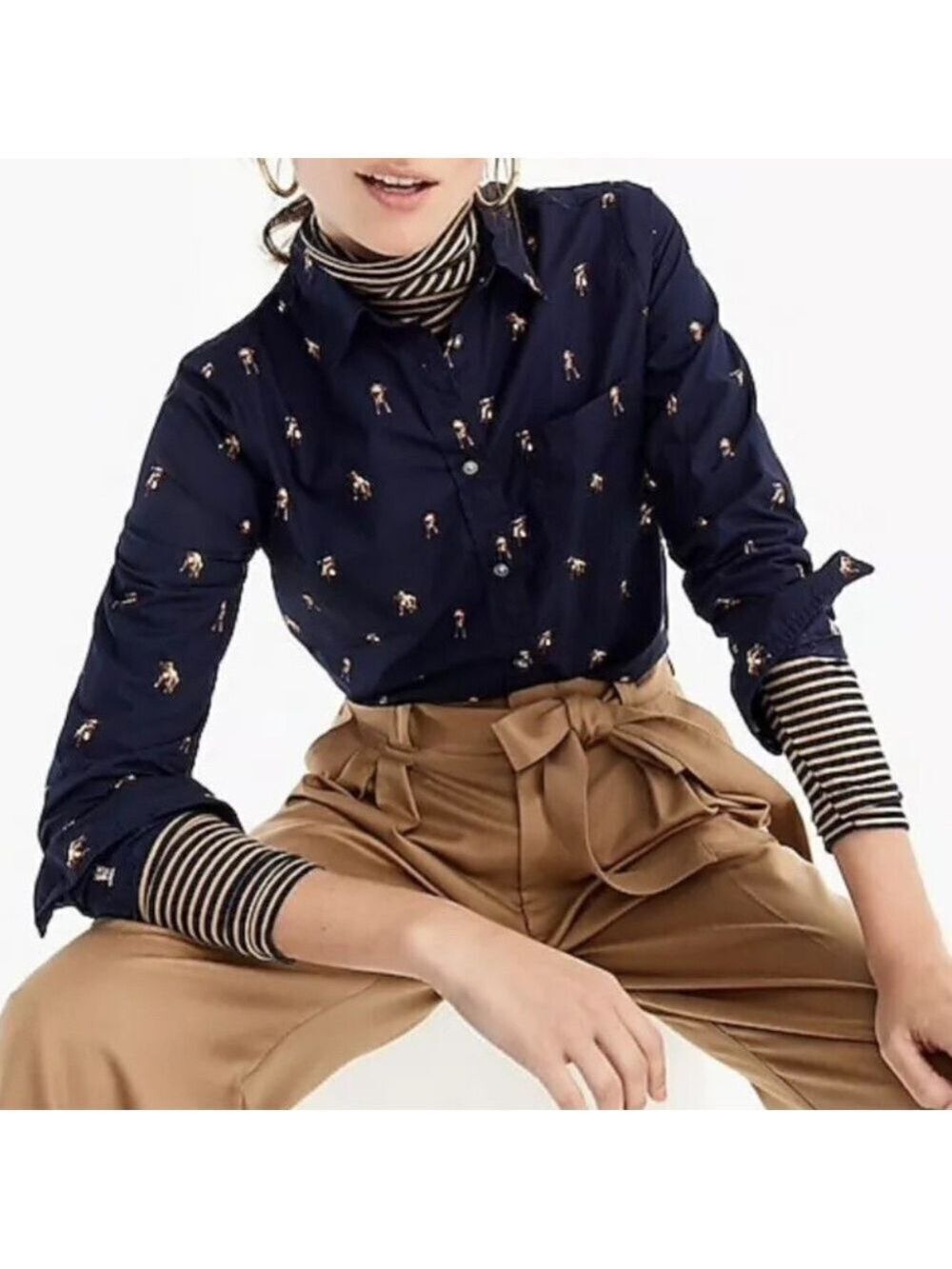 J. CREW cotton poplin long sleeve shirt button up bulldog print navy blue large